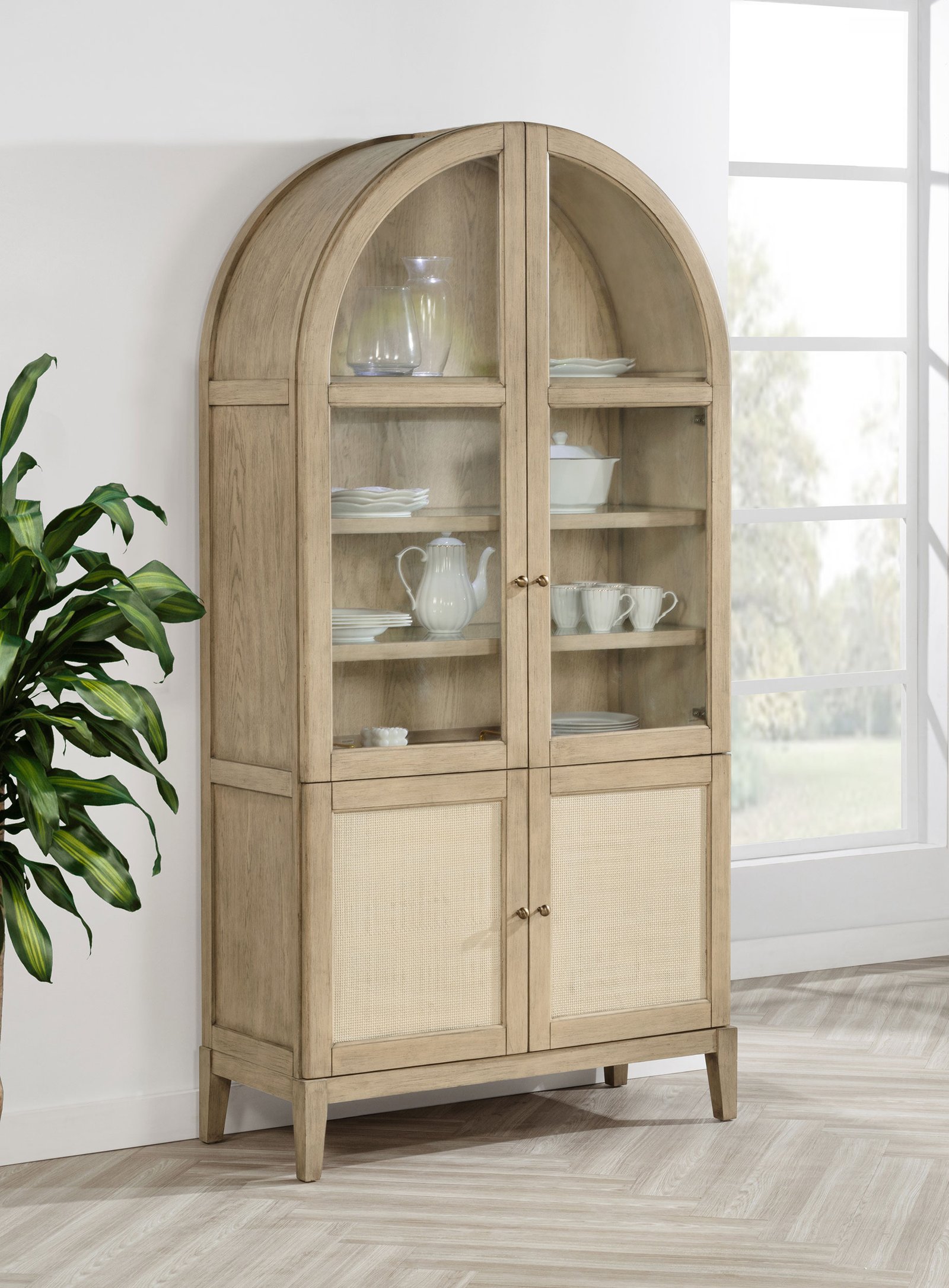 Kailani 4-Door Cane Dining Vitrine Display Cabinet Beige Oak