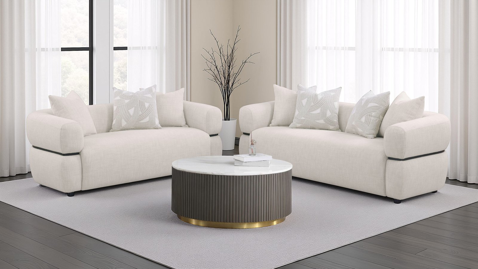 Jeanette 2-piece Fabric Upholstered Round Arm Sofa Set Beige