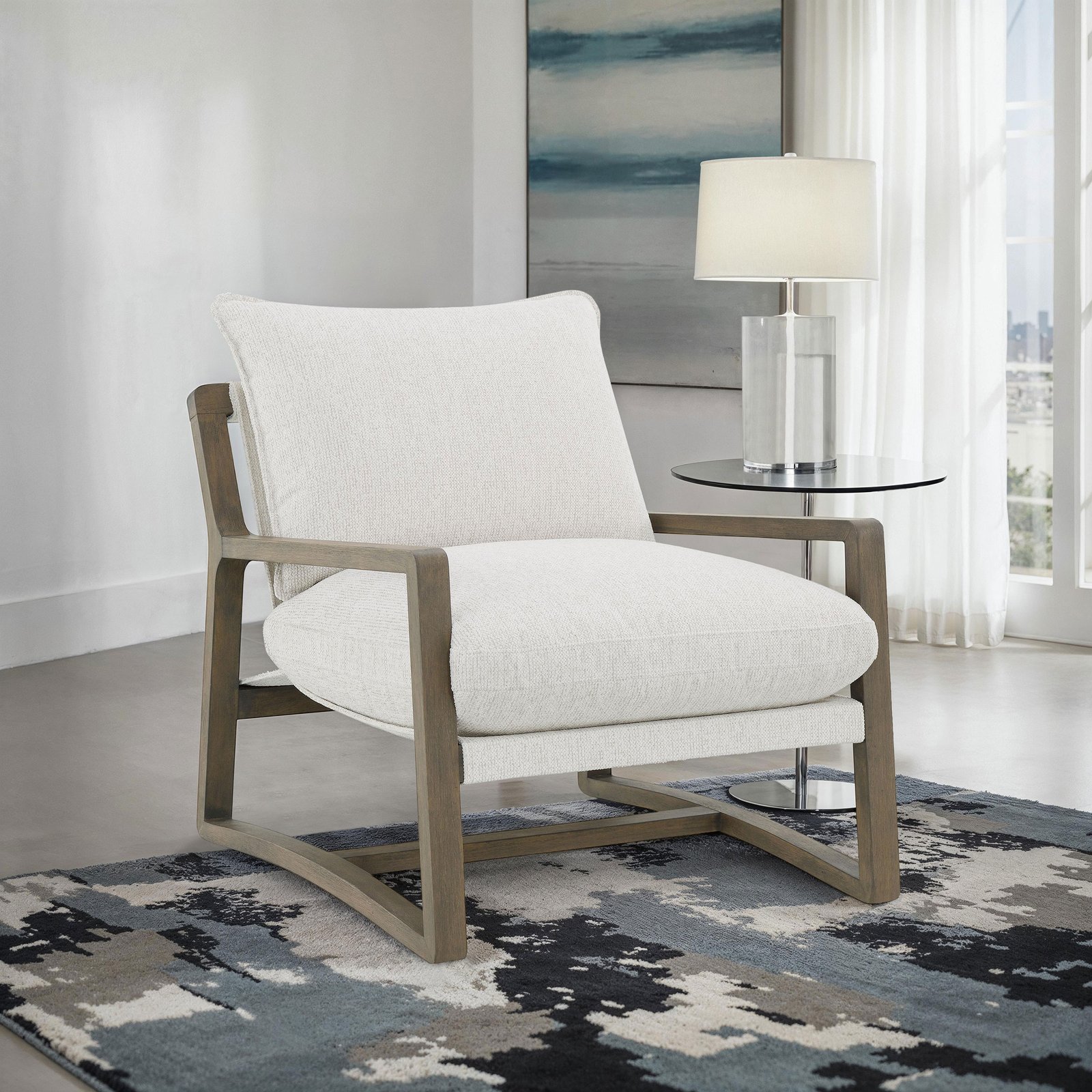 Geneva Boucle Upholstered Wood Arm Accent Chair Sand